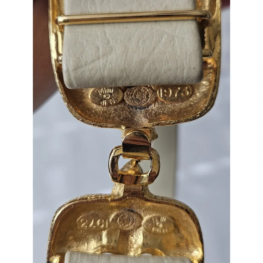 Vtg 1973 Mimi Di N Ivory Cream Leather Gold Buckle Love Birds Sparrows Belt - Picture 7 of 12